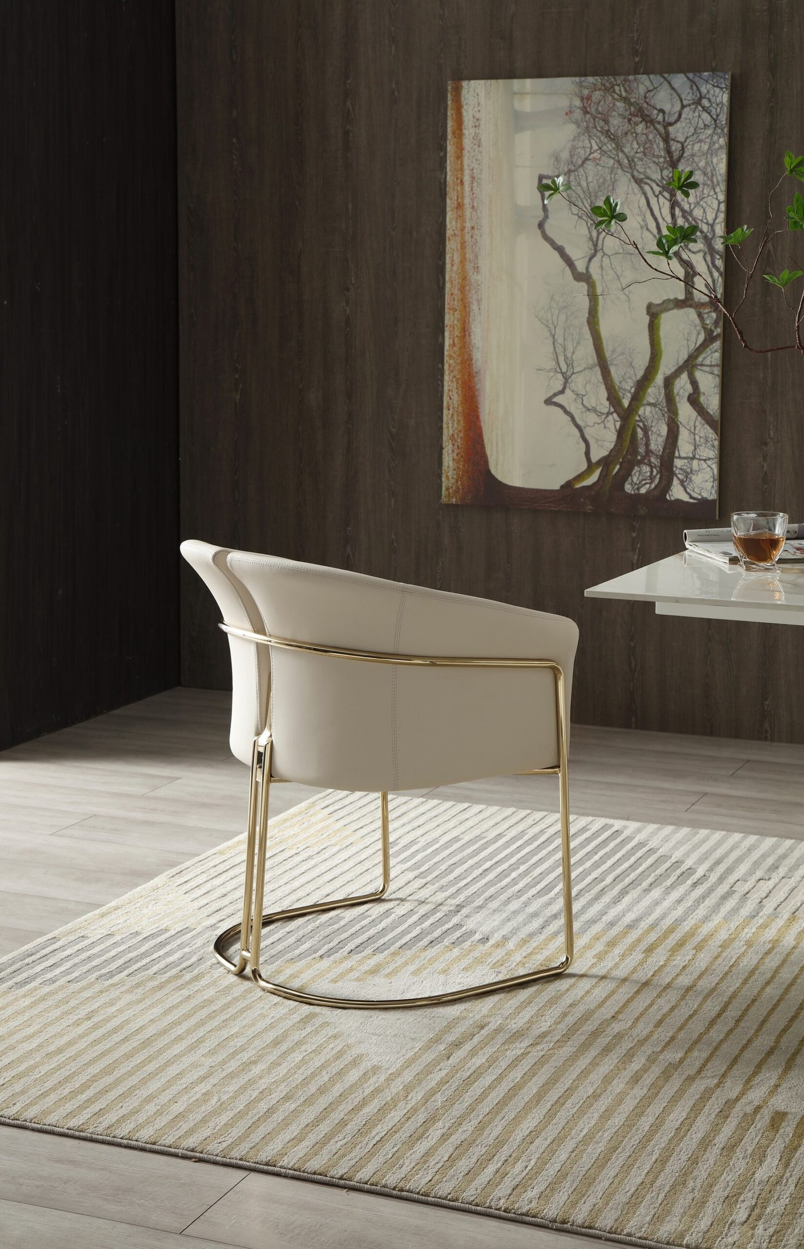 Modrest Renfew - Silla de comedor moderna de cuero vegano beige + champán dorado - Image 4