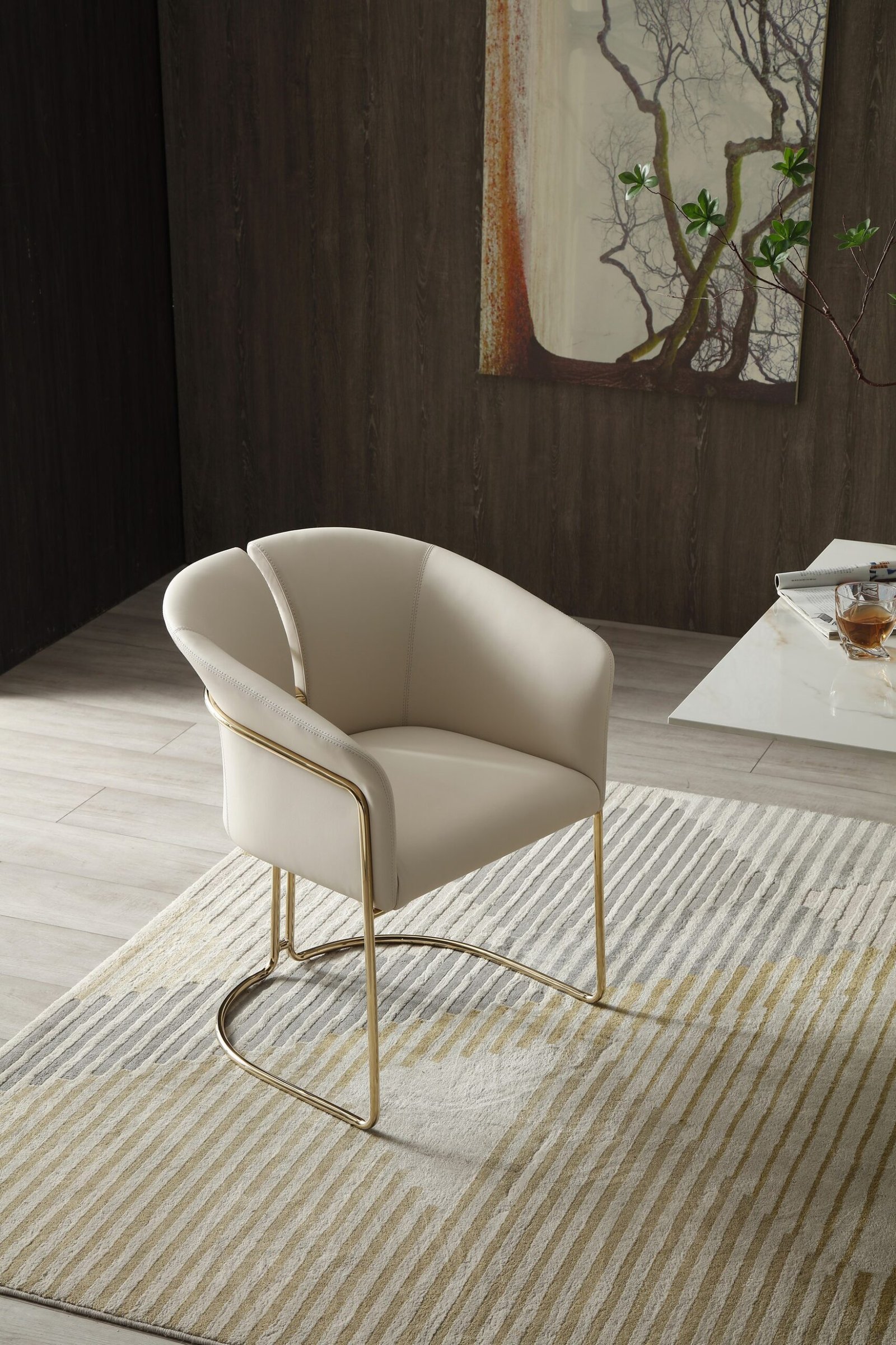 Modrest Renfew - Silla de comedor moderna de cuero vegano beige + champán dorado - Image 3