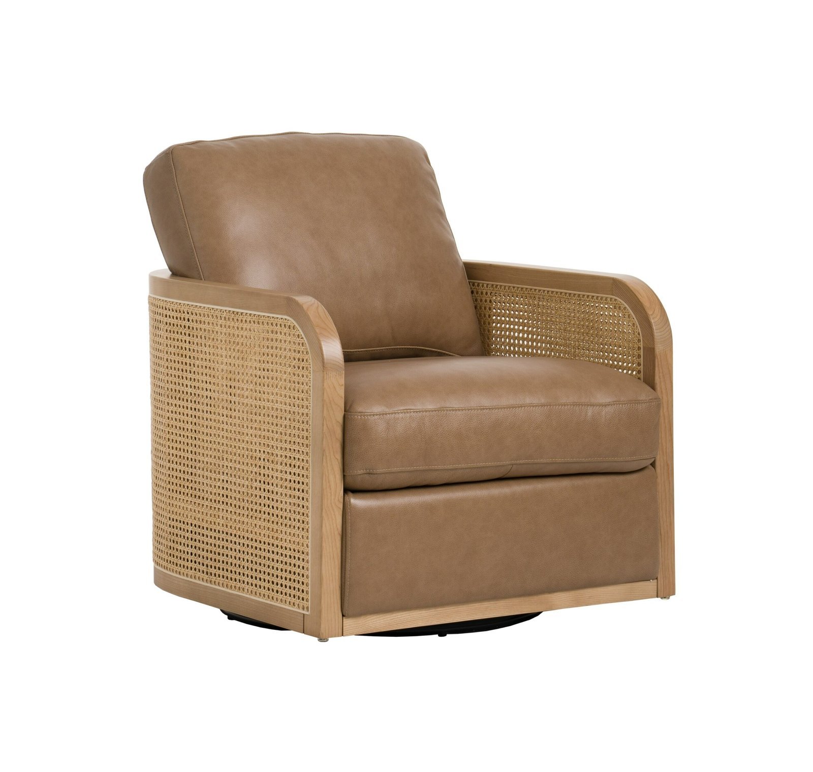 Divani Casa Danson - Silla moderna de cuero color canela + acento giratorio de mimbre