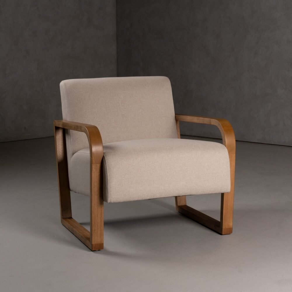 Modrest Sada - Silla moderna de lino beige de mediados de siglo + acento castaño
